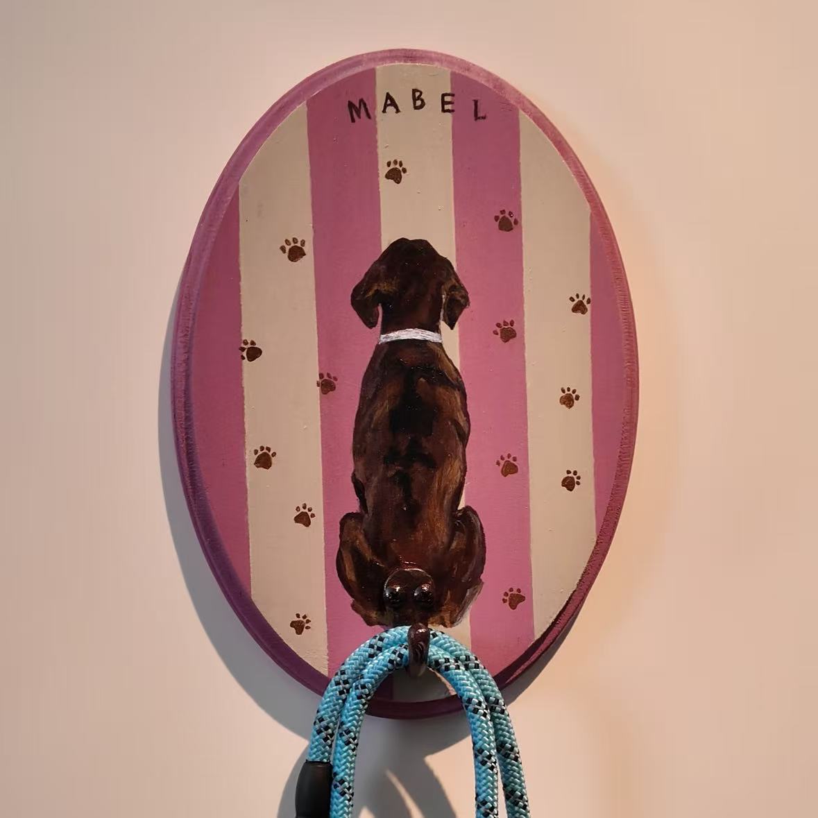 Custom hand-painted pet portrait leash hanger - paw prints decoration
